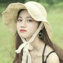 Net Red Grass Hat Woman summer Little Qing New version 100 Lace Strap Sun Hat Lady Out Swim Sunscreen Beach Hat