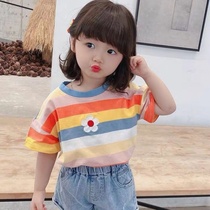 Girls summer short sleeve T-shirt 2021 new little Daisy rainbow stripes short sleeve baby Summer foreign style coat tide T