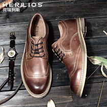 Mens leather shoes genuine leather British style Bullock mens shoes business formal all-match breathable retro handmade tide Derby shoes