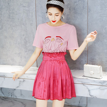 Blue language large size womens custom summer dress thin top skirt two-piece set Fat sister mm foreign style age reduction suit