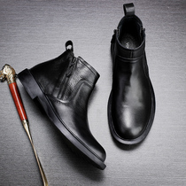 Winter Martin boots mens leather plus velvet tide cowhide British round-headed booties high-top boots All-match Chelsea boots