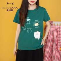 HIKOSEN CARA KARA CAT loose short sleeve t-shirt spring summer half sleeve cotton versatile women pink red top