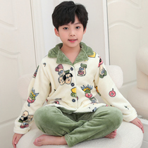 Childrens flannel pajamas boys autumn and winter home clothes children middle and big children baby plus velvet thick coral velvet suit