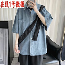 贝澜森马夏季牛仔衬衫男短袖薄款潮流工装半袖衬衣男士宽松上衣