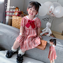 Female Baby Plaid Dress 2022 Summer New Academy Wind Polo Butterfly Knot Children Girl Cotton Long Dress