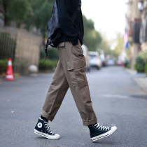 LH Store Work Fit Pants Men Straight Drum Loose Pants Autumn Winter Tide Card Casual Pants Pure Cotton Multi-Pocket Washed Long Pants