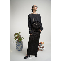 (Spot) Painted Moon Design National Wind Jacquard Black Bag Hip Skirt High Open Fork Half Body Skirt Retro High Waisted Vase Skirt