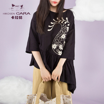 HIKOSEN CARA cat spring and autumn cotton yarn in short sleeves lazy temperament bubble sleeves irregular hem top