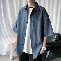Plain short-sleeved shirt mens summer Korean version of the trend shirt Hong Kong style Japanese loose plus size five-point sleeve shirt jacket