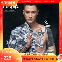 Semi-idle set flax short sleeves Tang Fairy Crane China Wind Mens summer disc buckle Retro Tide Card Printed Fashion Youth