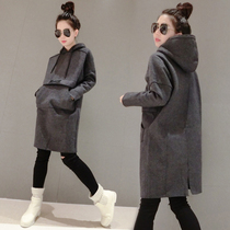 European station long plus velvet women loose spring and autumn 2021 New Korean version of hooded knee dress European tide