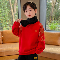 Boy gush thickened necropolis for winter clothing 2021 new children Chinese wind Baiyear clothes red blouses 12 year old