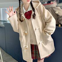 Japanese woolen coat female 2020 winter New horn buckle small man hooded cotton woolen coat student thick
