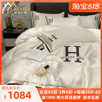 LXRXDD light extravagant water washed true silk four pieces of ice silk bed linen quilt cover silk sliding naked sleeping heather bed hat bed