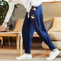 Chinese style embroidered mens pants Tang suit linen Haren pants fat size loose cotton linen casual bloomers summer
