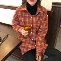 Thickened polished plaid shirt women long sleeve 2021 spring new vintage Hong Kong flavor loose net red shirt coat