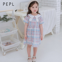 PEPL Children Baby childrens clothing 2021 summer new girl princess dress Doll Doll collar plaid short sleeve dress summer