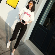 European station 2019 summer new sports suit female fashion ankle-length pants slim slim short sleeve leisure two-piece set