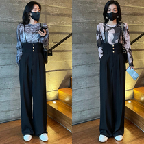 Suspenders female 2021 spring and summer new fashion foreign style suit waist slim wide leg strap pants two-piece set