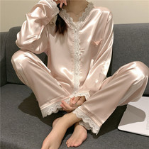 ins Hanfeng ~ Fairy bi lace V-neck long-sleeved trousers solid color loose pajamas female home suit