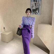 Ocean Gas Skirt Suit Two Sets Women Single Pieces Suit Autumn Winter Foreign Air Plush Lace Jersey Matching Open Fork Half Body Dress (