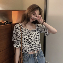French chic summer 2020 retro high waist design sense floral shirt bubble sleeve short drawstring top womens clothing