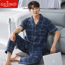 Gujin@Pajamas mens summer cotton short-sleeved trousers can be worn outside youth large size loose home service thin suit
