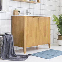 Japan-style Brief Nordic Style Pure Solid Wood Rubber Wood Floor Open Door Bath Cabinet Washing Counter Washbasin Custom