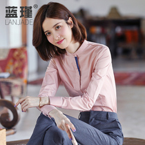 Stand-up collar pink shirt womens spring and Autumn long-sleeved shirt womens 2021 new top womens slim and wild professional work clothes