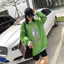 Green round neck sweater womens autumn and Winter new 2020 European and American style in the long loose fat sister coat tide brand