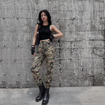 Black universe pants womens autumn thin high waist trousers tide ins thin camouflage elastic band leg pants