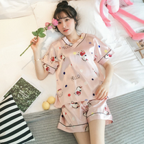 Pajama woman simulated silk short sleeve thin-spot Korean cartoon student cute ice silk summer home clothing suit