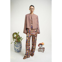 TUYUE Painted Mid-air Country Wind Fresco Statue Printed Suit Broadlegged Pants Satin Face Casual Long Pants Art Collaboration