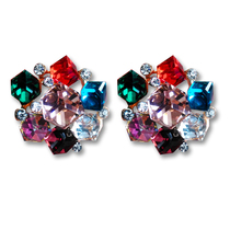 Korean version of the fashion super flash square seven crystal earrings chic flower three-dimensional cube ear buckle ear clip earrings