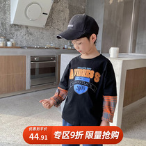 Childrens long sleeve T-shirt 2021 new boy fake two-piece plaid coat spring and autumn childrens clothing boy cotton base shirt