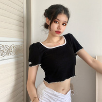 European and American ins collar color wood ear Joker Joker slim slim waist slim short sleeve T-shirt female summer