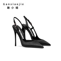 Dare Miss 2022 Outer wearing black satin fine heels with shoe pointed shallow mouth 100 lap Sexy straight strap sandal women