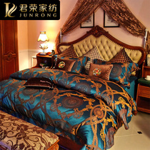 Upscale mulberry silk four pieces of luxury real silk bed with ink green jacquard European-style bed goods 4 pieces