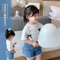 Girl short sleeve T-shirt 2021 Summer new web yarn bright sheet butterfly knot Korean version casual child female baby blouse