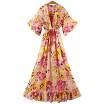 Bohemia floral long skirt womens summer dress new slim slim waist V collar chiffon dress