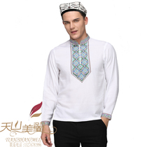 Summer new male Xinjiang ethnic style traditional long sleeve embroidered Tianshan beautiful wing multi-color stand collar shirt T-shirt mens clothing