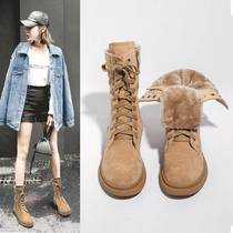Martin Boots Woman 2022 Autumn Winter New Fur Integrated Plus Suede Thickened Cotton Shoes Midcylinder Flat-bottomed Snowy Boots
