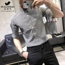 Rich bird mens summer short-sleeved shirt plaid Korean shirt slim-fit handsome high-end sense of business casual half-sleeve
