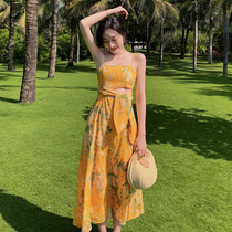 Sanya seaside resort beach dress sexy thin waist dress yellow print photo long dress female summer suspenders