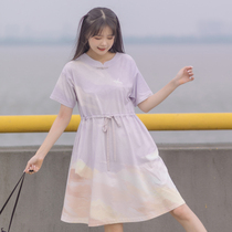 Sichuan Dai time: New Years Eve National Wind Wind Gradient Short Sleeve T-shirt Skirt summer collection waist Late Xia printing Girl with dress