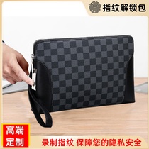 Handbag mens leather high-end fingerprint unlock clutch large-capacity luxury plaid wallet trendy business clutch