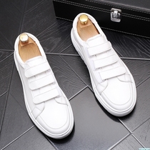 Real Leather Small White Shoes Mens Summer Casual Sloth MAGIC STICKER 100 HITCH PLATE SHOES BREATHABLE THICK BOTTOM ONE FOOT PEDAL WHITE SHOES MAN