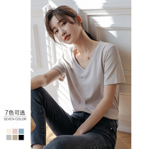 Pure colour V collar short sleeve T-shirt woman 2021 Summer new loose inner lap white half sleeve Compassionate Beat undershirt