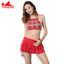 Fat split skirt style swimsuit womens bikini fashion flaming print top breifs pleated skirt triangle set