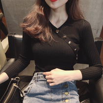 LGGSTYLE chic wind oblique buckle decorative base shirt long sleeve slim sweater top for women